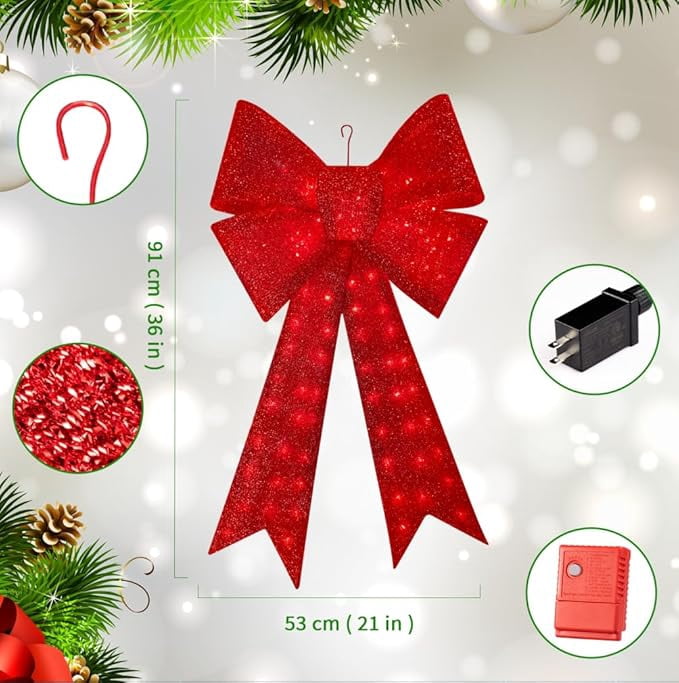 40 Inch Lighted Glitter Red Christmas Bow, 99 LED Decorative Bow for Wreath & Tree Topper, Indoor Outdoor Holiday Party Decoration