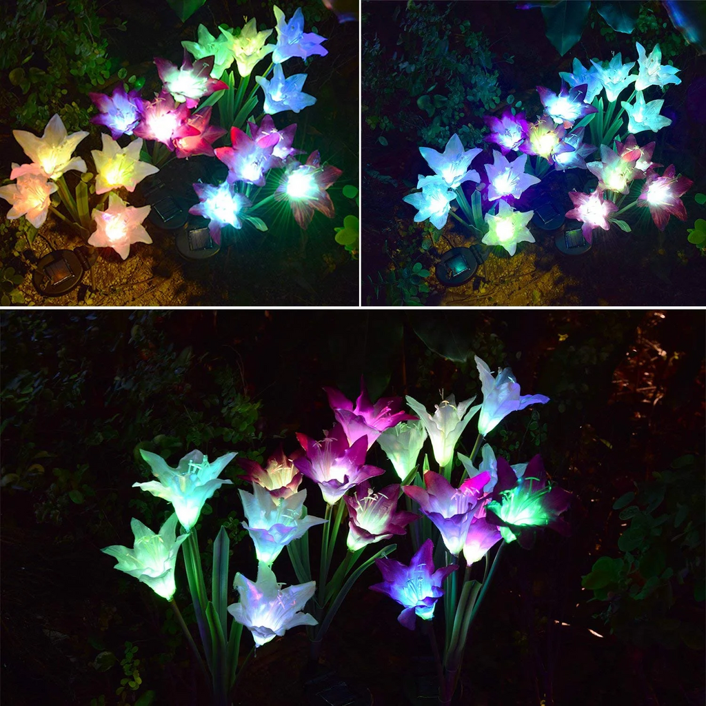 Solar Garden Lights Outdoor Decor, Lily Flower Garden Stake Lights Waterproof, 4 PCS LED Solar Lights Solar Powered for Outside Patio Garden Pathway Yard Decoration, Color Changing