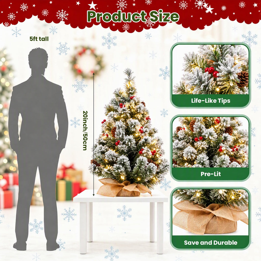 22" Mini Christmas Tree with 30 LEDs, Red Berries & Pinecones, DIY Kit, Battery Powered Tabletop Tree Christmas Decorations Gifts for Dorms, Offices, Home, Classrooms Desks & Small Spaces