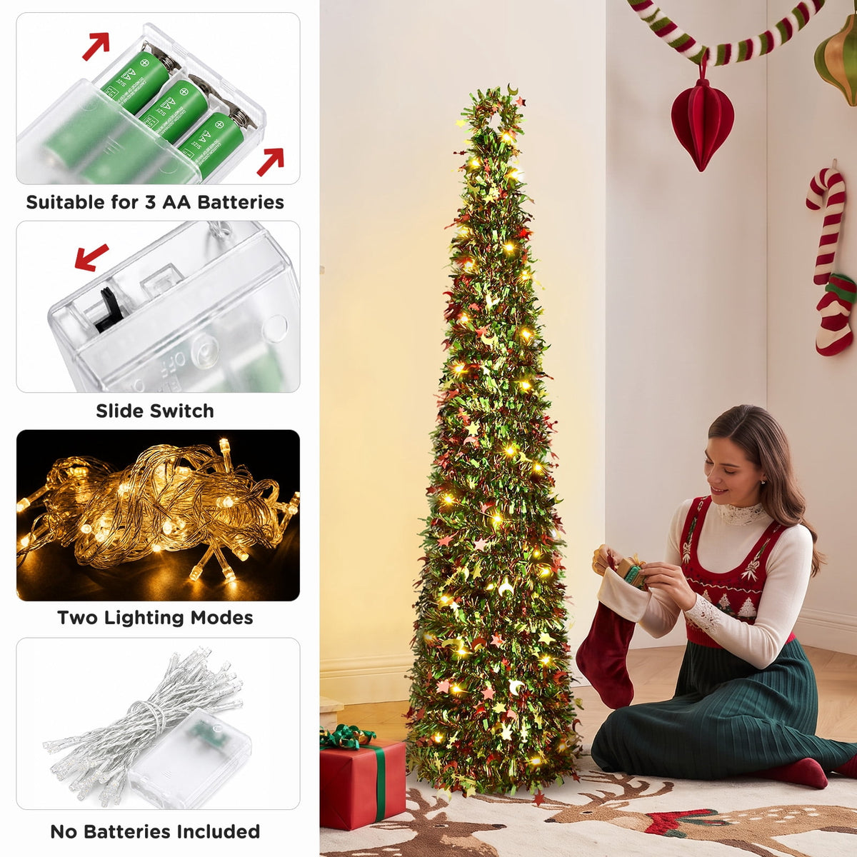 Ayieyill 5ft Pop up Christmas Tree,Color Artificial Pencil Tinsel Xmas Trees for Christmas Indoor Decorations, Collapsible Christmas Tree (Silver)