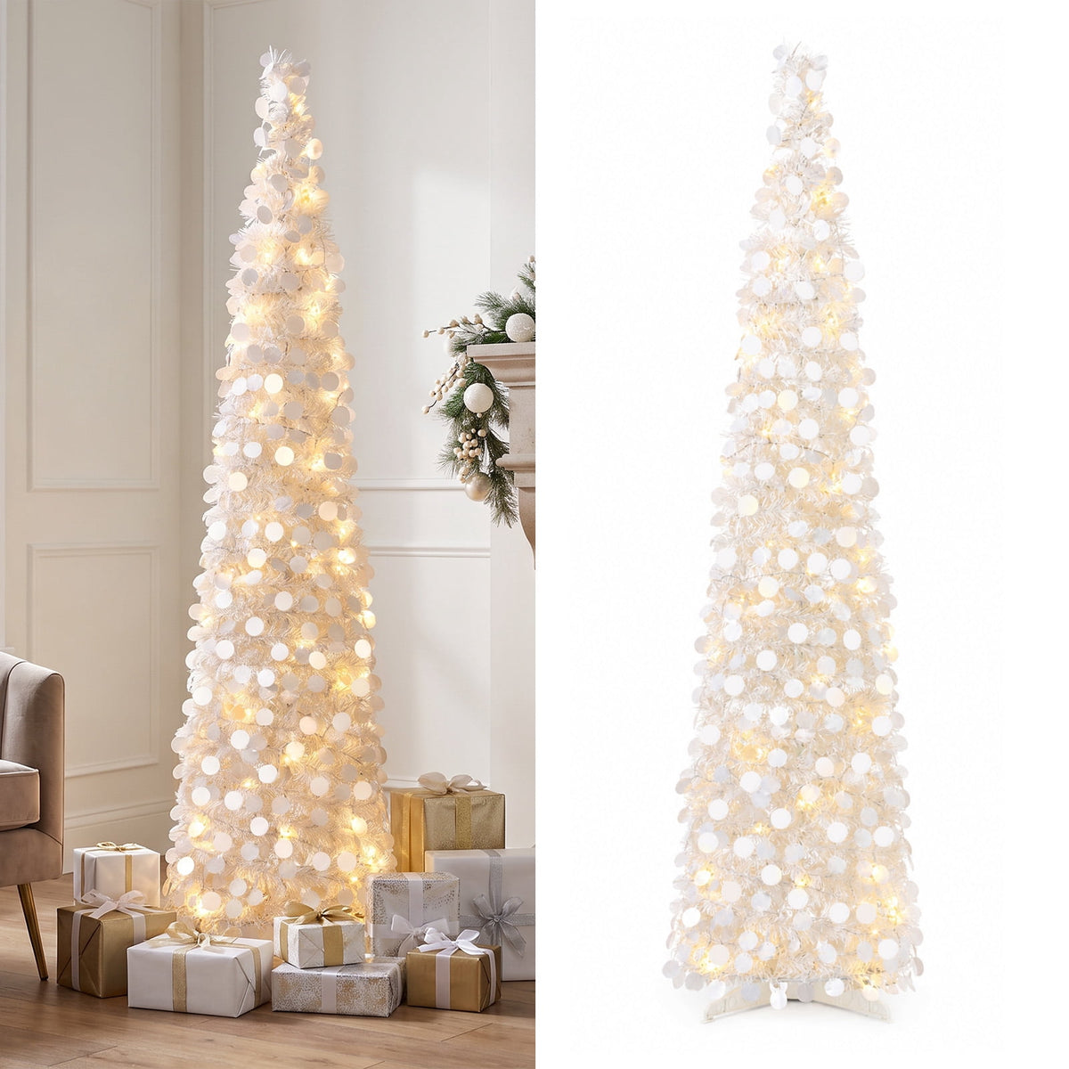 Ayieyill 5ft Pop up Christmas Tree,Color Artificial Pencil Tinsel Xmas Trees for Christmas Indoor Decorations, Collapsible Christmas Tree (Silver)