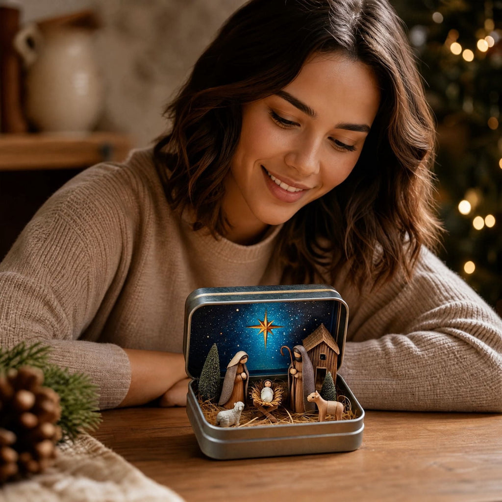 Daghihgewr Mini Christmas Nativity Set Tabletop Tin Box Multicolor Indoor Religious Ornament 1-Count 3.9 x 2.8 x 1.2 Inch