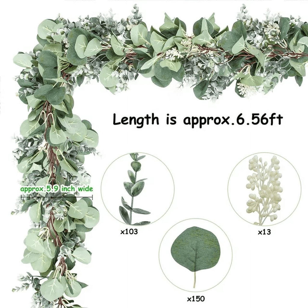 Scidweet Christmas Eucalyptus Garland, 2 Pcs 6.56 FT Artificial Greenery Garland Silver Dollar Leaves Boxwood Vines with White Buds for Home Wedding Party Table Mantle Xmas Decor