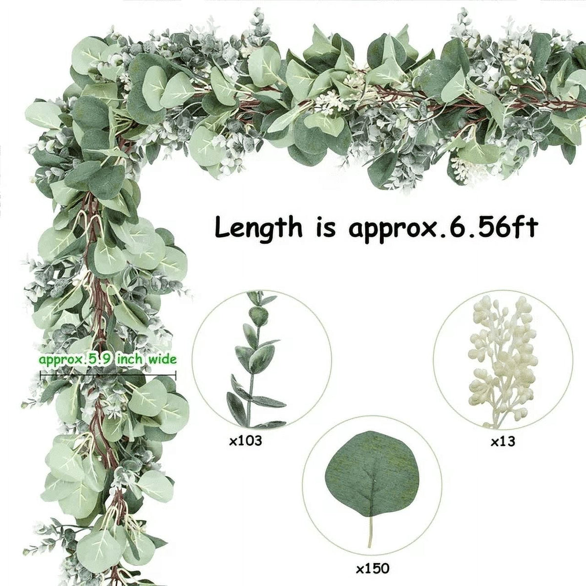 Scidweet Christmas Eucalyptus Garland, 2 Pcs 6.56 FT Artificial Greenery Garland Silver Dollar Leaves Boxwood Vines with White Buds for Home Wedding Party Table Mantle Xmas Decor