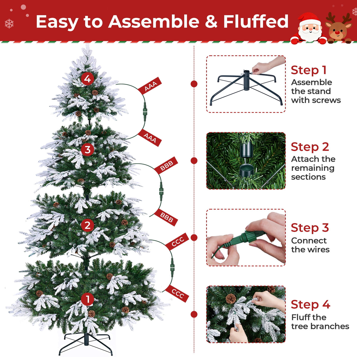 Firstness 6ft Artificial Christmas Tree with 1000 Branches and 250 LED Lights, Pre-Lit Flocked Xmas Tree,11 Lighting Modes,Pine Cones