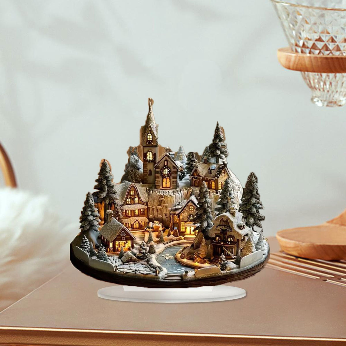 Christmas City Scene Desktop Decoration, Miniature Office Nativity Decor with Snowy Landscape for Home, Desk, and Holiday Display