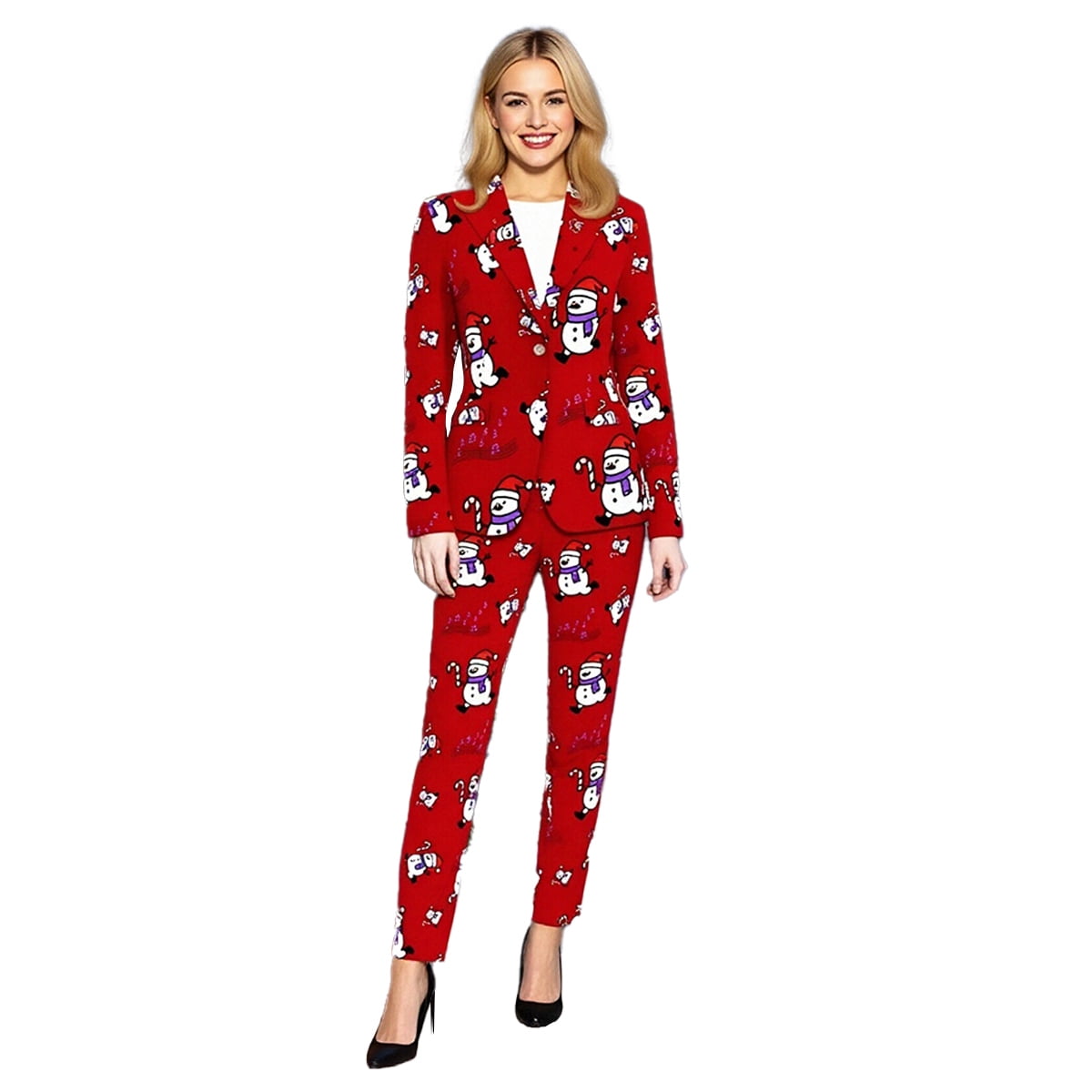 Drtj Women's Christmas Snowman Printed 2-Piece Suit Set, Festive Blazer and Pants Outfit, Available for Holiday Parties
