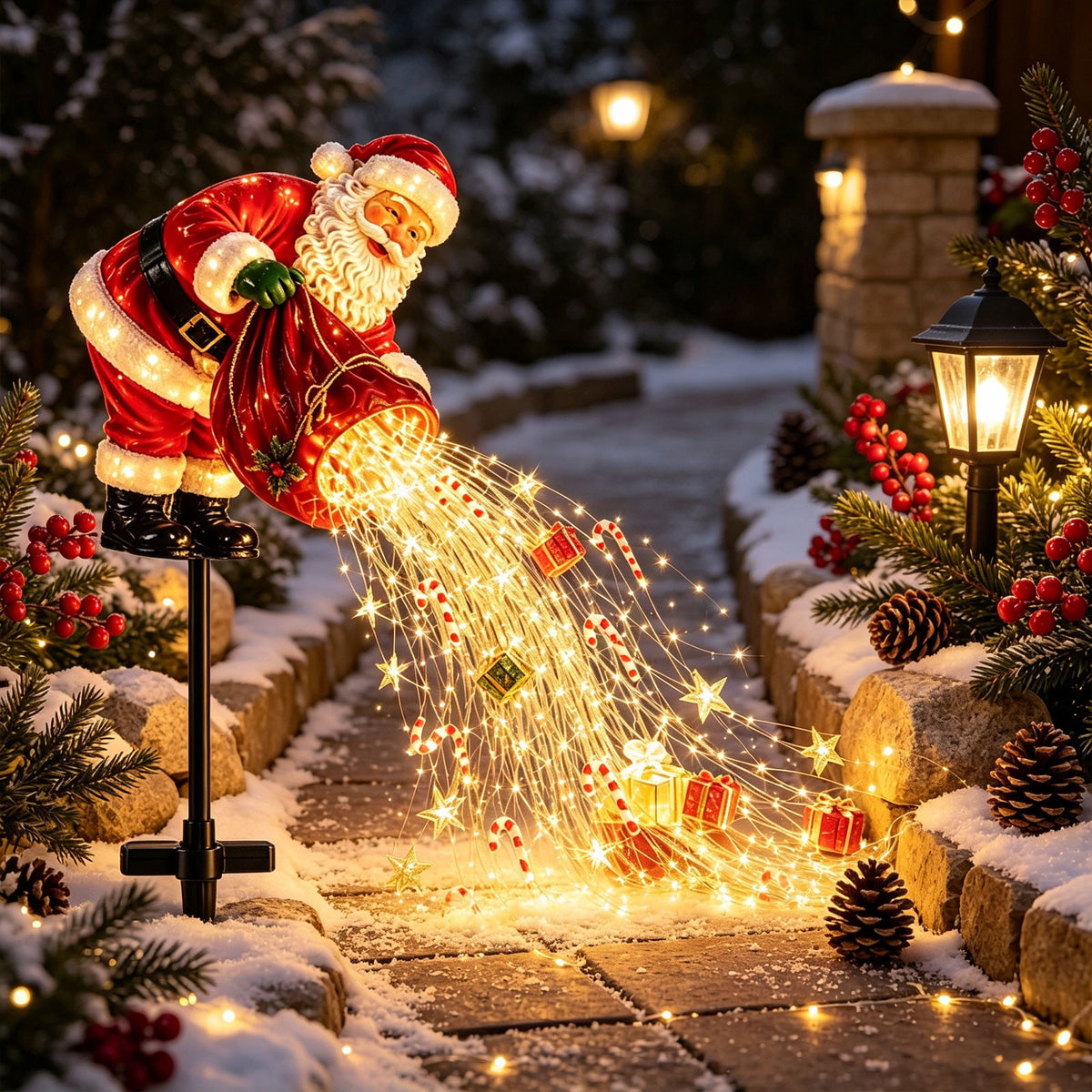 Luckky Santa’s Flying Sleigh Gift Cascade Solar Christmas Garden Light,Warm Golden Cascading LED Lights with Falling Gifts & Star,Solar Powered Outdoor Holiday Decor for Lawn,Pathway & Yard
