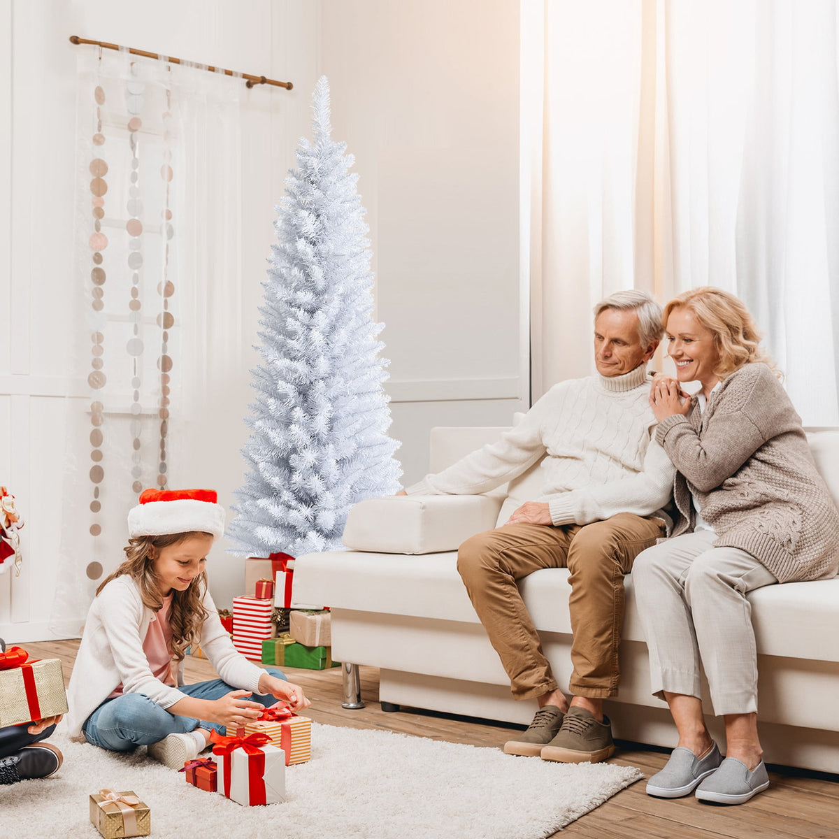 Gymax 5 FT Artificial Pencil White Christmas Tree Leafy Unlit Slim Xmas Tree