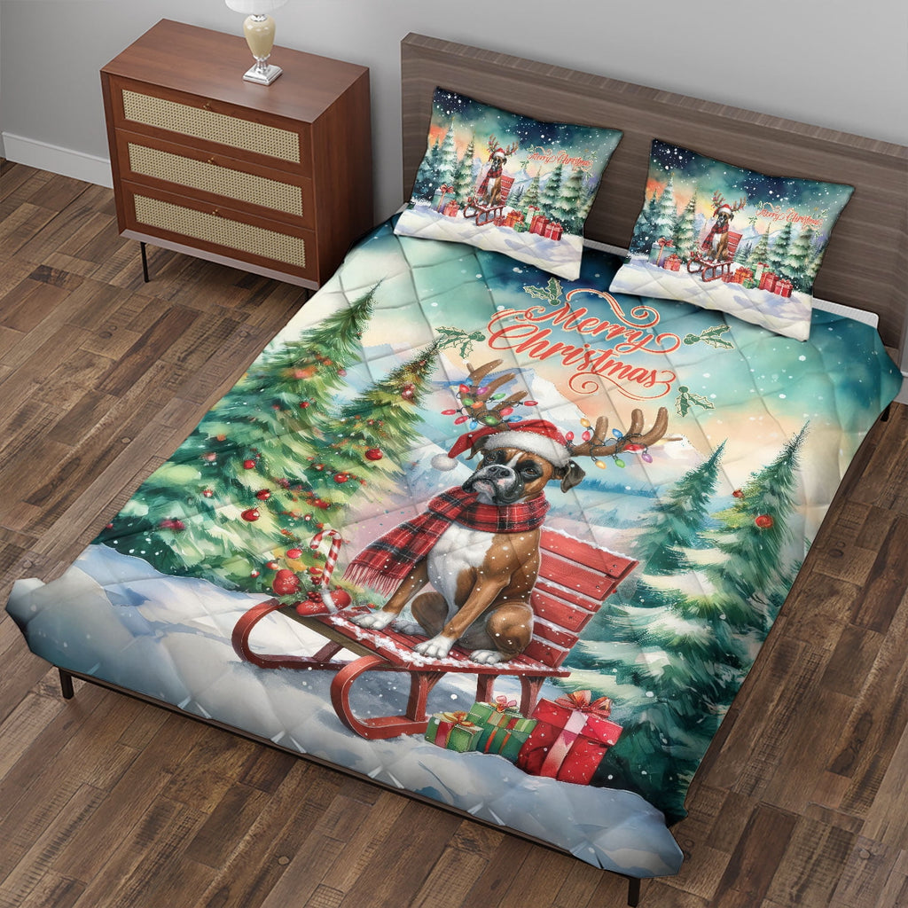 Merry Christmas Santa Reindeer Antlers French Bulldog Sleigh Xmas Winter Holiday Quilt Bedding Set Dog Lover Gifts 1 Blanket Bed Cover 2 Pillowcases - 00023