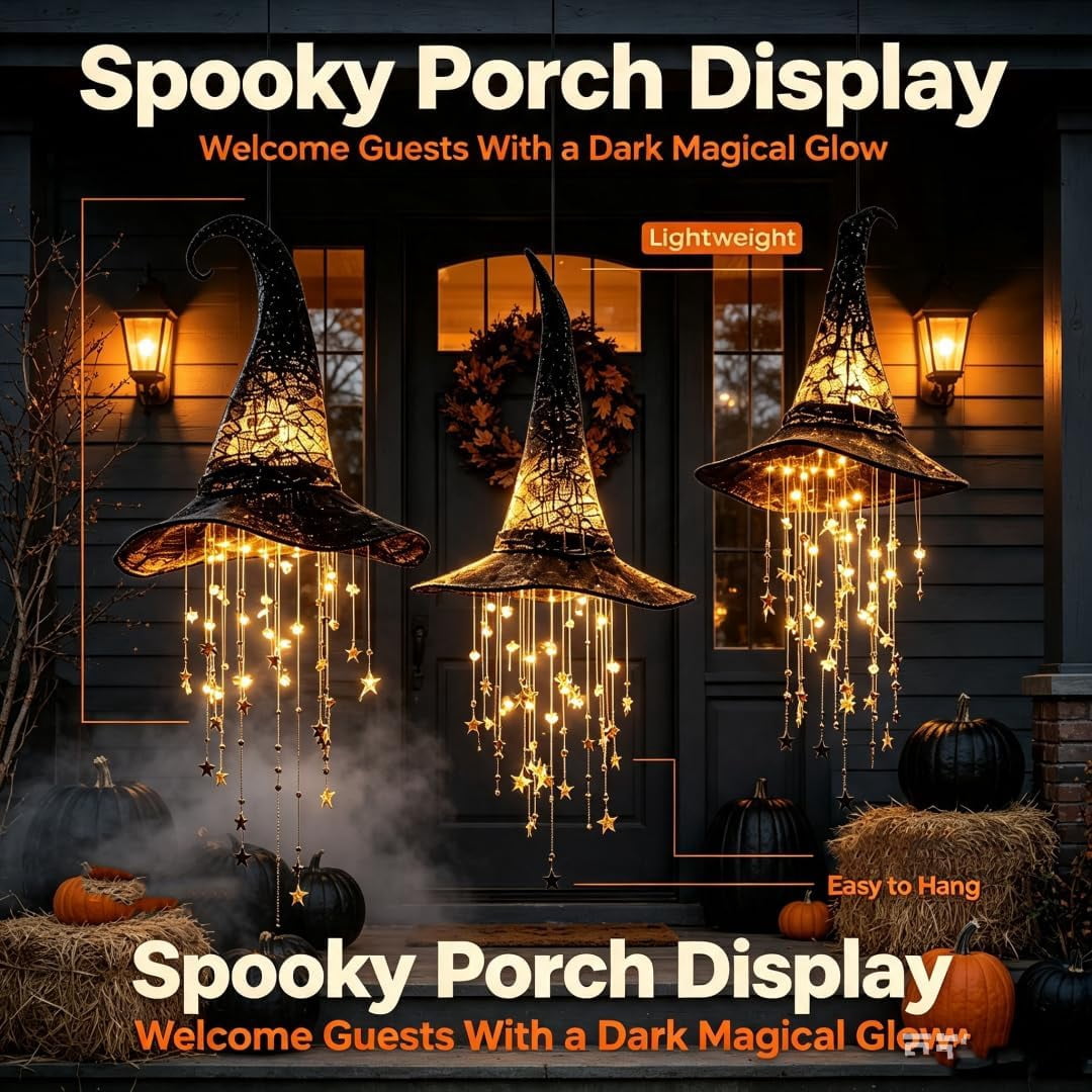 Lighted Witch Hat Hanging Chime 3Pack LED Star Garland Halloween Decoration Indoor Outdoor Yard Porch1PC
