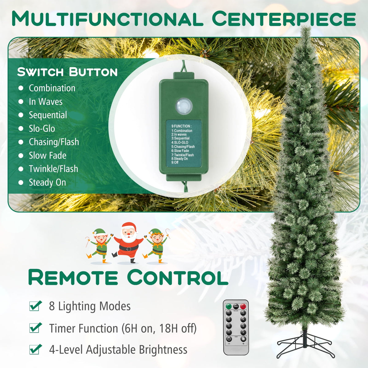 Costway 7 FT Pre-Lit Pencil Artificial Christmas Tree with 150 LED Warm White Lights,8 Modes