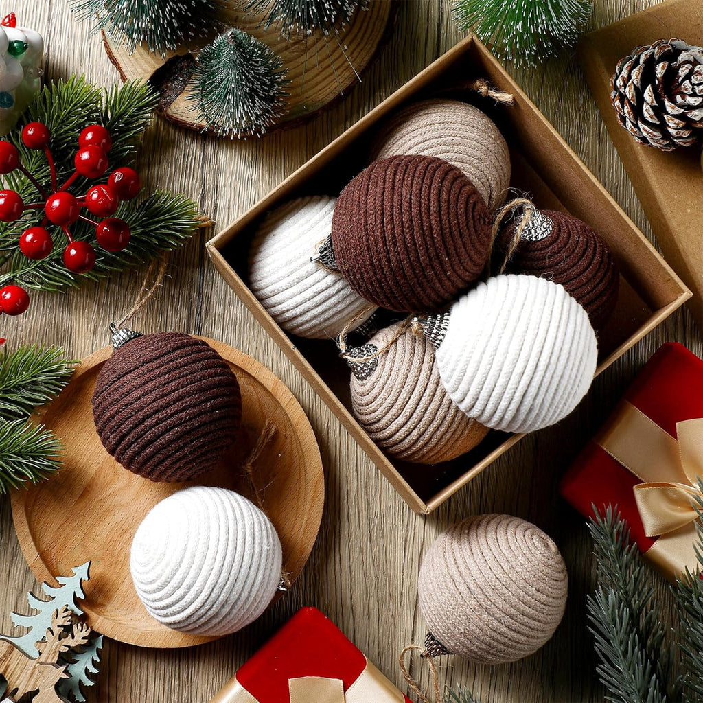 9Pcs 9 Pcs 2.36 Inch Christmas Ball Ornaments Farmhouse Jute Rope Hanging Balls Burlap Neutral Rustic Ornaments for Xmas Tree Holiday Wreath Garland Wedding Home(White,Beige,Dark Brown)