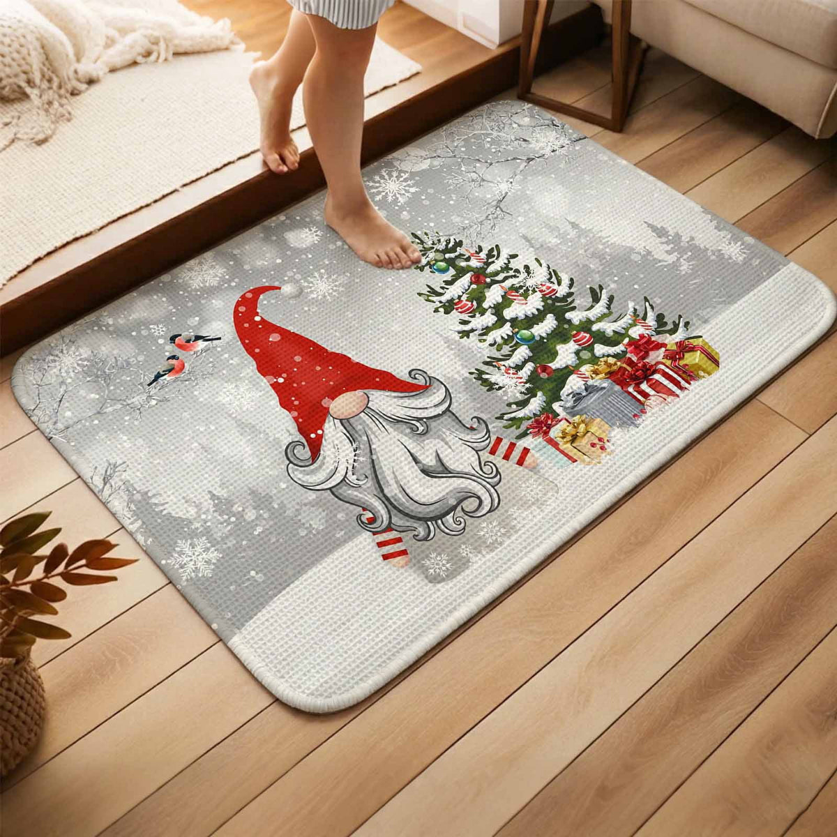 Pink Gnomes Christmas Washable Area Rugs for Living Room Bedroom, Large Non Slip Indoor Floor Carpet Absorbent Xmas Tree Gifts Winter Snowflake Birds Door Mat Rugs for Bathroom Entryway 47.2"x63"
