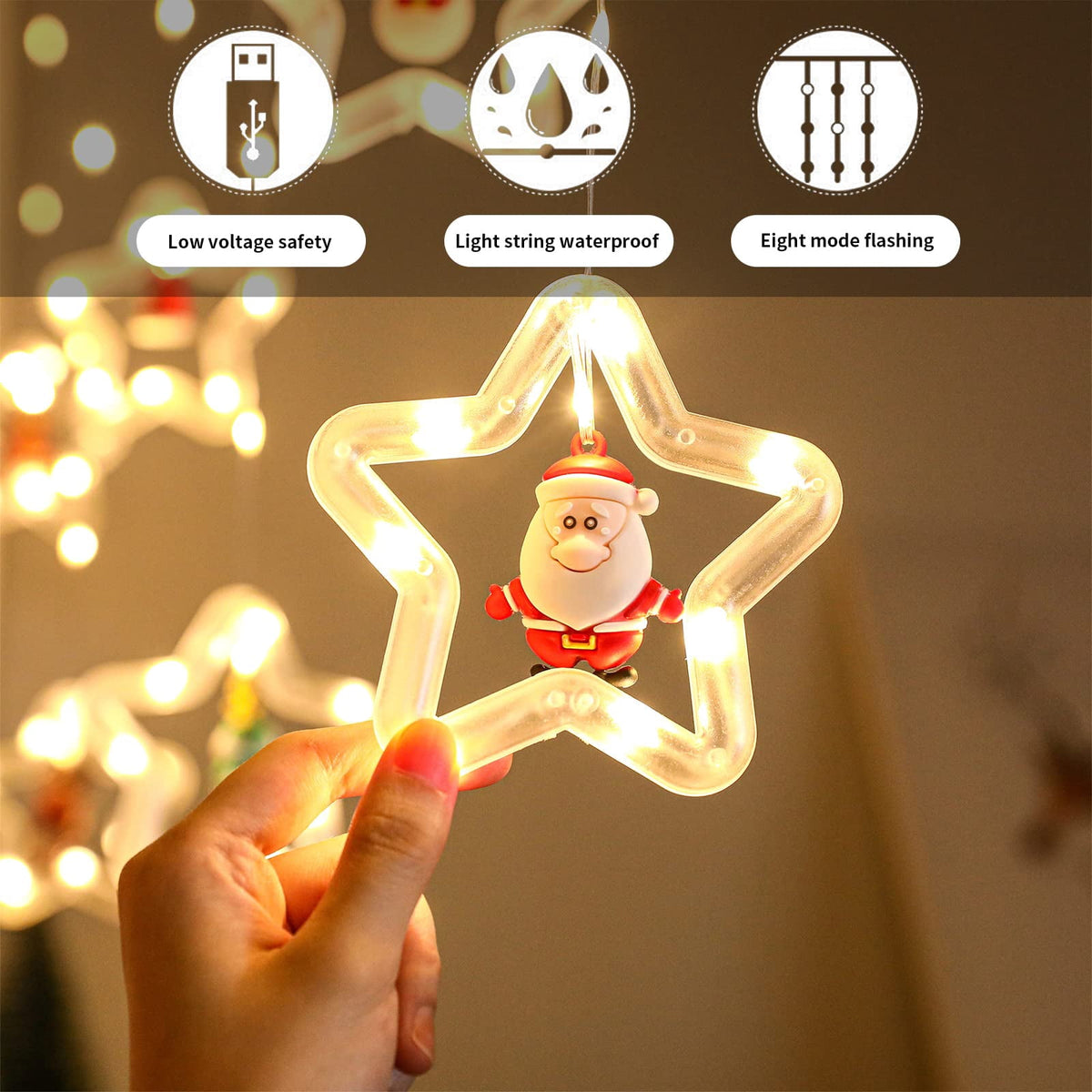 WILLED Christmas String Lights, 120 LED Window Curtain Lights with Christmas Ornaments, 9.8ft USB Powered Warm White Waterproof Fairy Lights Indoor Outdoor for Xmas Tree Patio Garden Party Home Decor