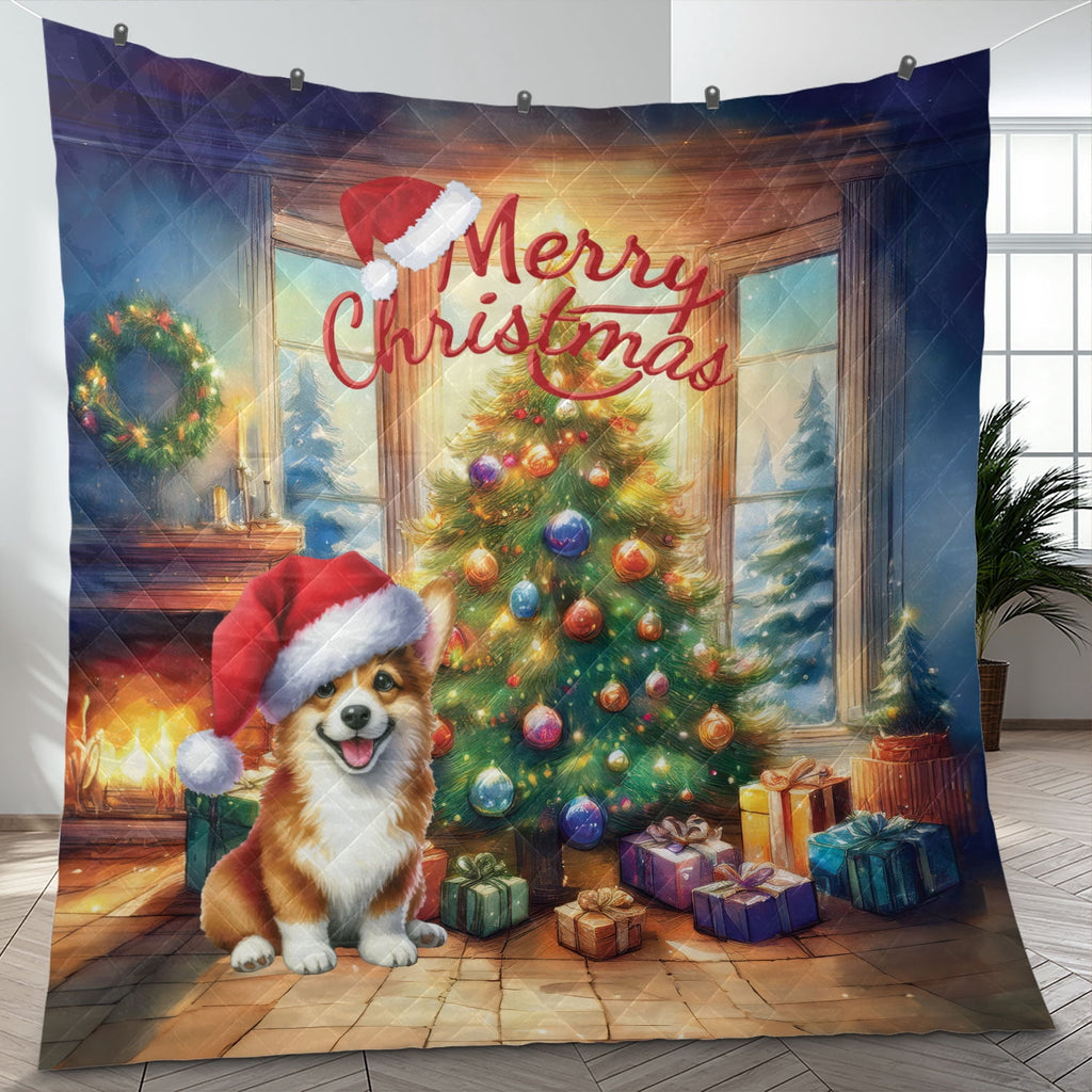 Merry Christmas French Bulldog Santa Hat Xmas Tree Winter Holiday Quilt Bedding Set Dog Lover Gifts 1 Blanket Bed Cover 2 Pillowcases - 01013