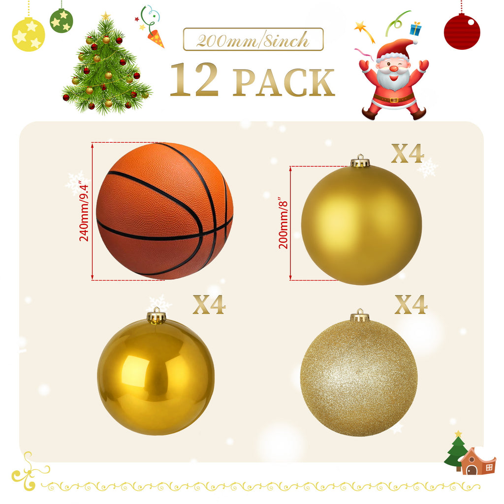 LAMPHOME 12PK 8" Shatterproof Christmas Ball Ornaments, Glossy & Matte & Glitter Gold Assortment, Sparkling Xmas Tree Decorations for Holiday Home