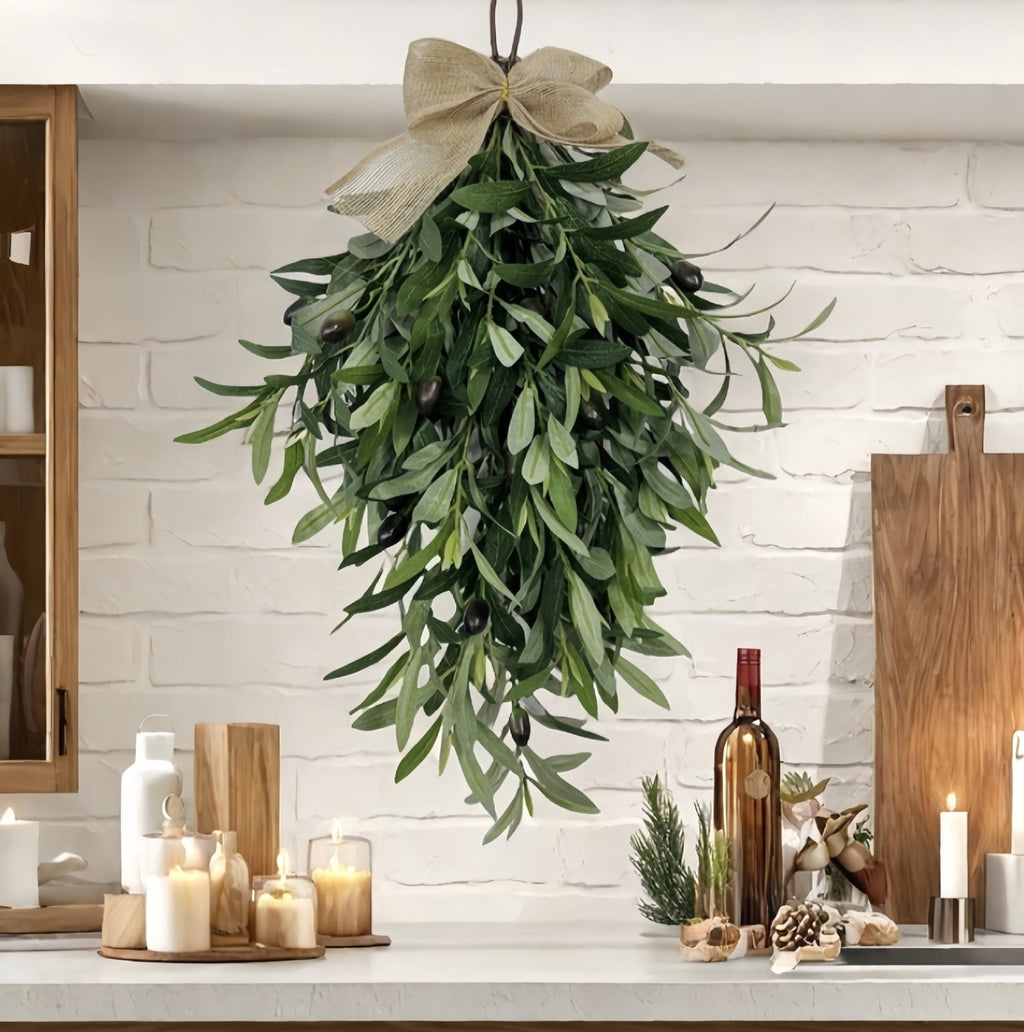 COM1950s 24 Inch Artificial Olive Wreath for Spring, Teardrop Hanging Floral Wreath with Burlap Bow for Front Door, Wall Decor, Indoor Outdoor Home Decoration