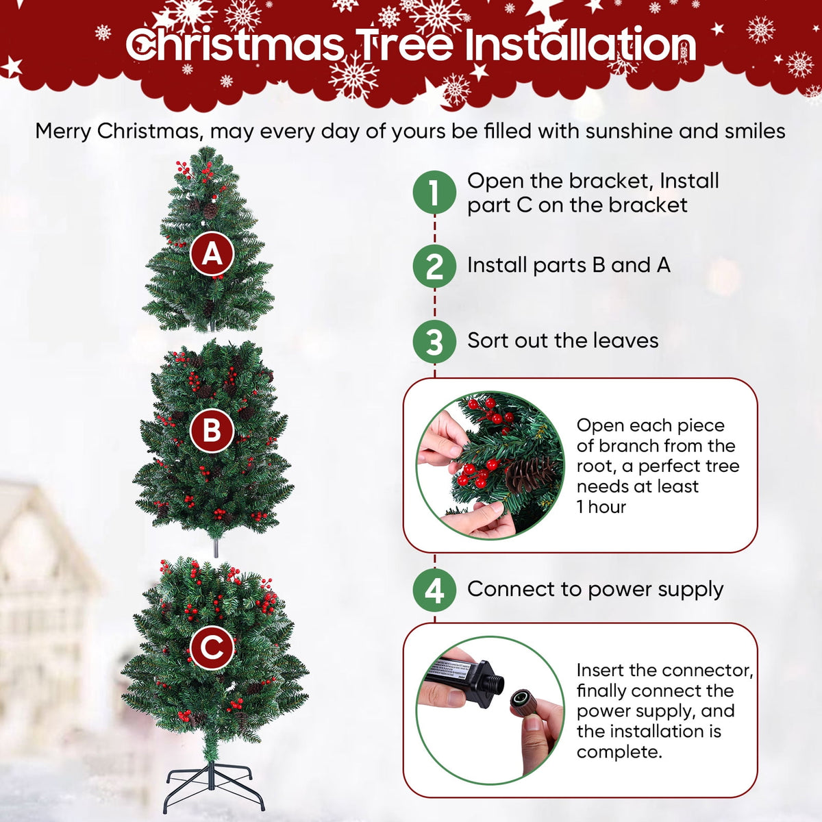 7ft Pre-Lit Spruce Pencil Christmas Tree with 450 Lights, 920 Full Branch Tips, Slim Artificial Xmas Tree Pine Cone & Red Berries, Includes Metal Base, Ideal Xmas Decor for Home and Office, Green