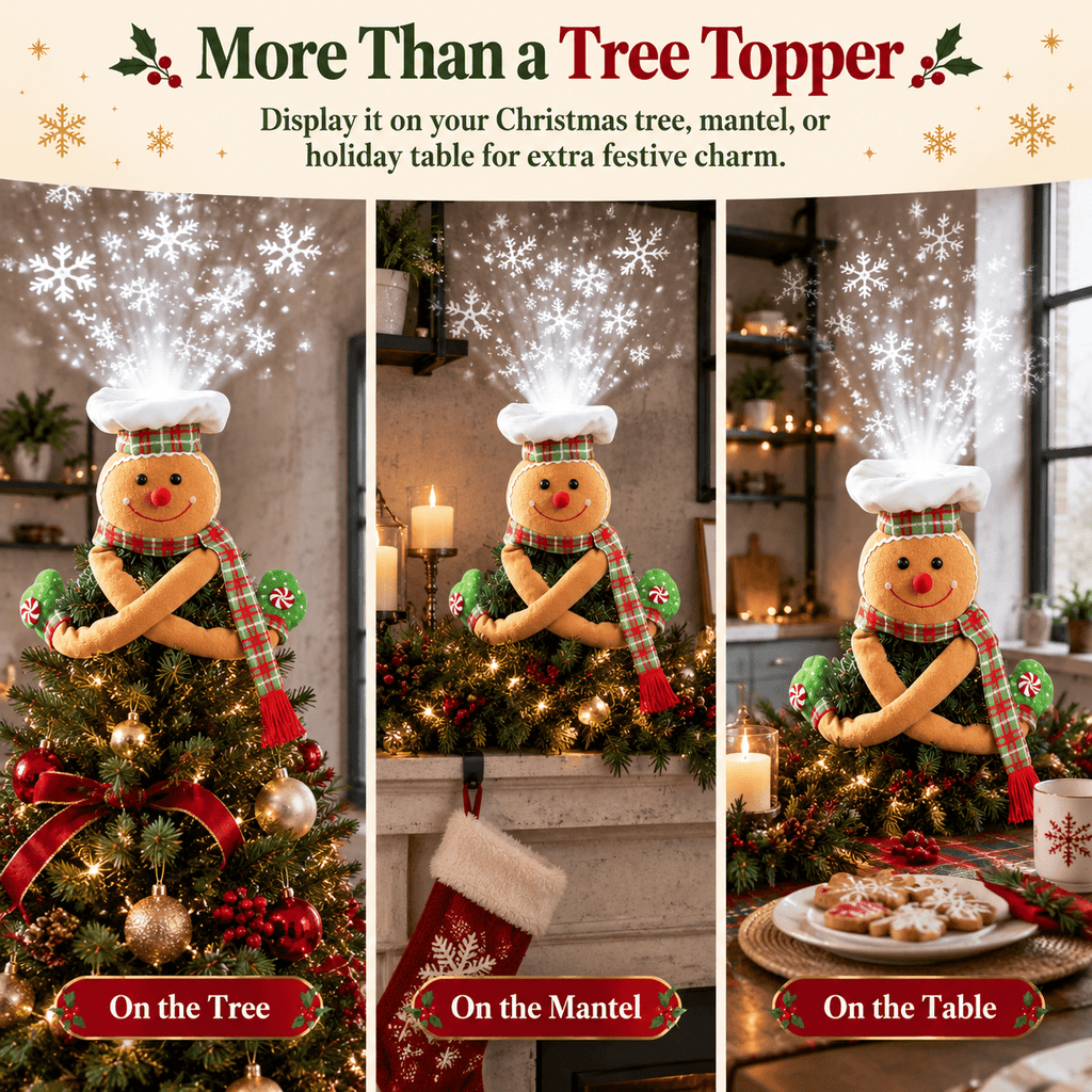 Green White Plush Gingerbread Man Christmas Tree Topper with Rotating LED Light