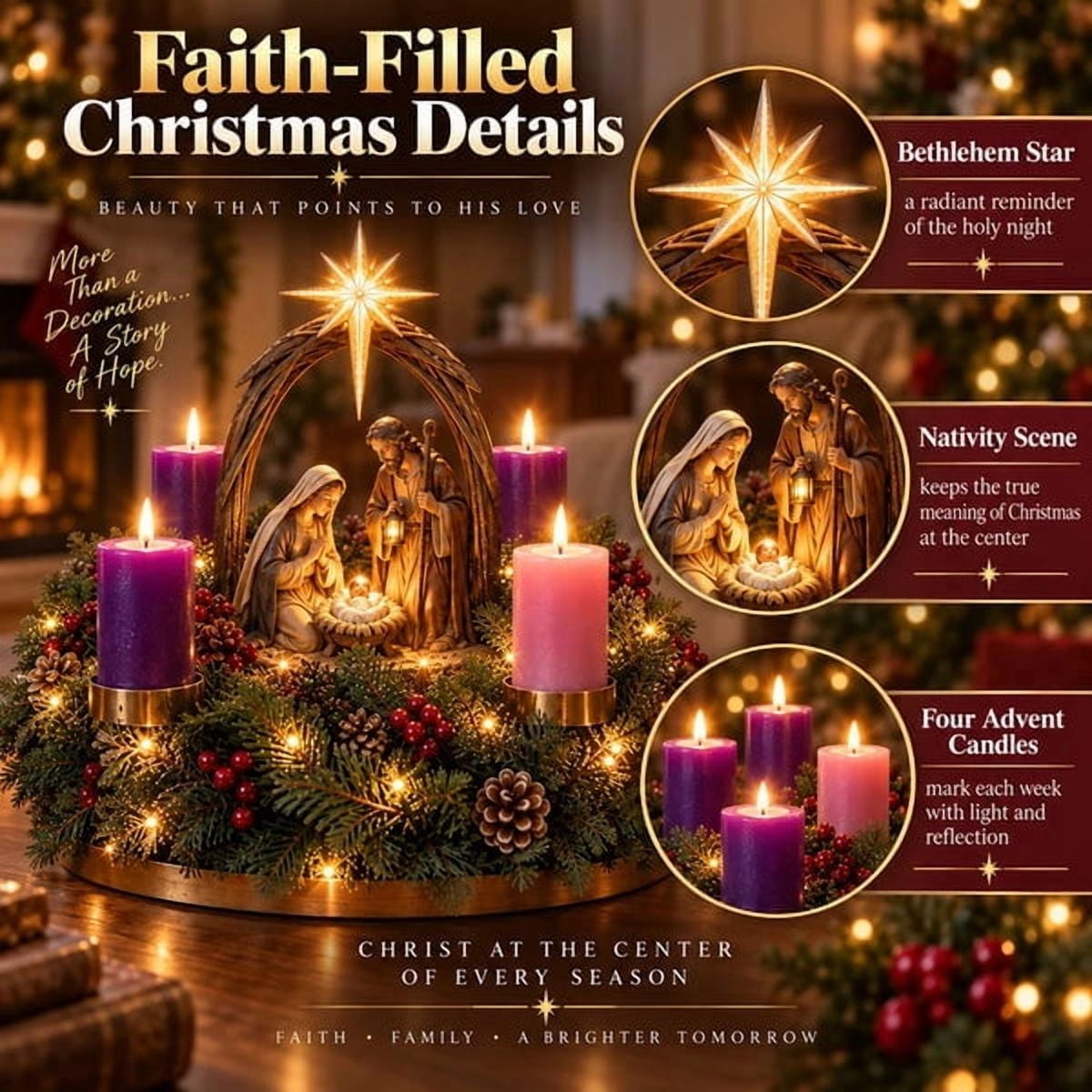 Lighted Nativity Advent Wreath,4-Week Christmas Journey with Warm Flameless Glow,Festive Faith-Centered Decor for Family Traditions