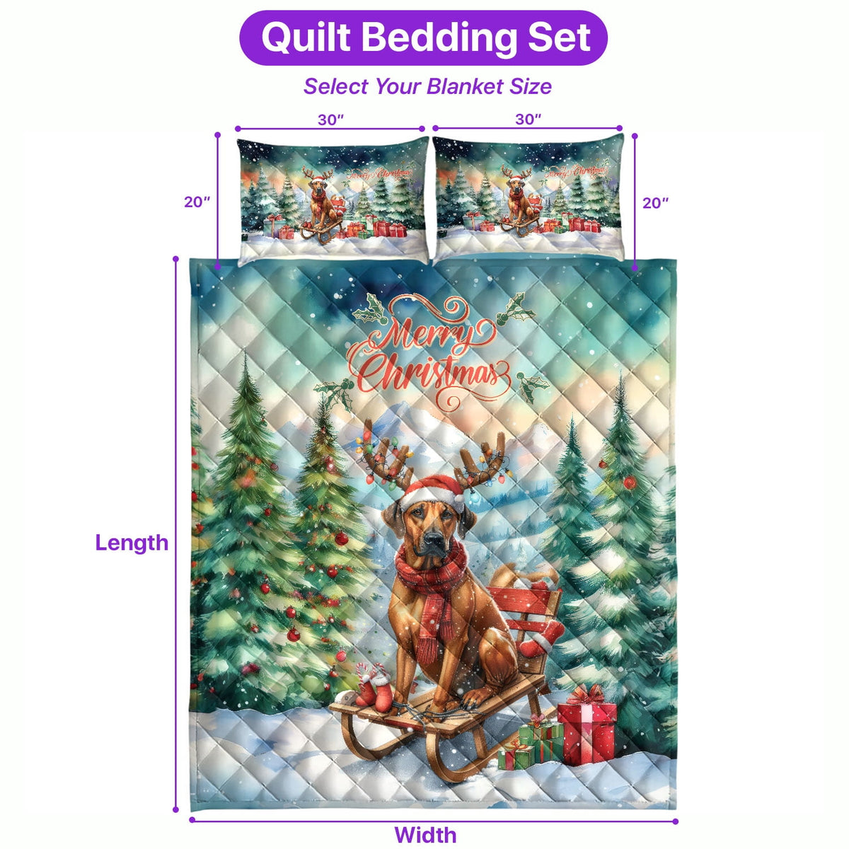 Merry Christmas Santa Reindeer Antlers French Bulldog Sleigh Xmas Winter Holiday Quilt Bedding Set Dog Lover Gifts 1 Blanket Bed Cover 2 Pillowcases - 00023