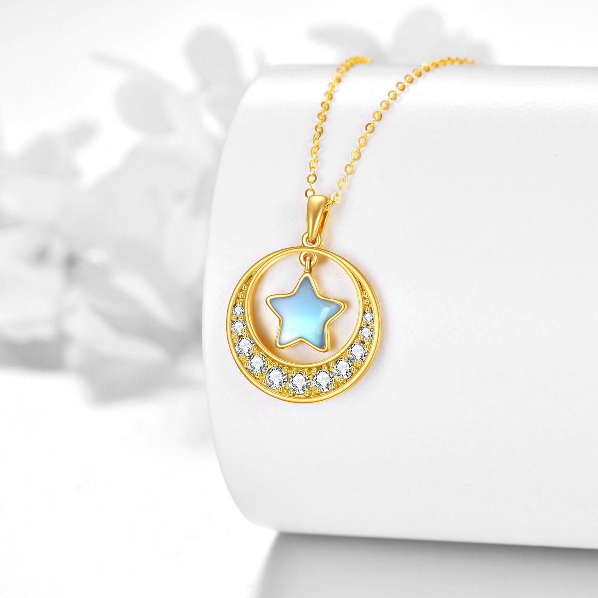 10K Gold Star Necklace for Women Real Gold Crescent Moon and Star Moonstone Pendant Necklace Jewelry Christmas Gifts Wife Daughter Girlfriend Mother