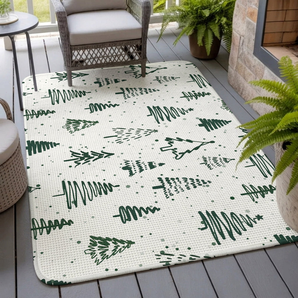 Large Area Rug 63"x78.7",Christmas Tree Absorbent Non Slip Indoor Outdoor Carpet,Xmas Green Cartoon Tree Snowflakes Farmhouse Low Profile Floor Rug Doormat for Living Room Dining Room Bedroom Office