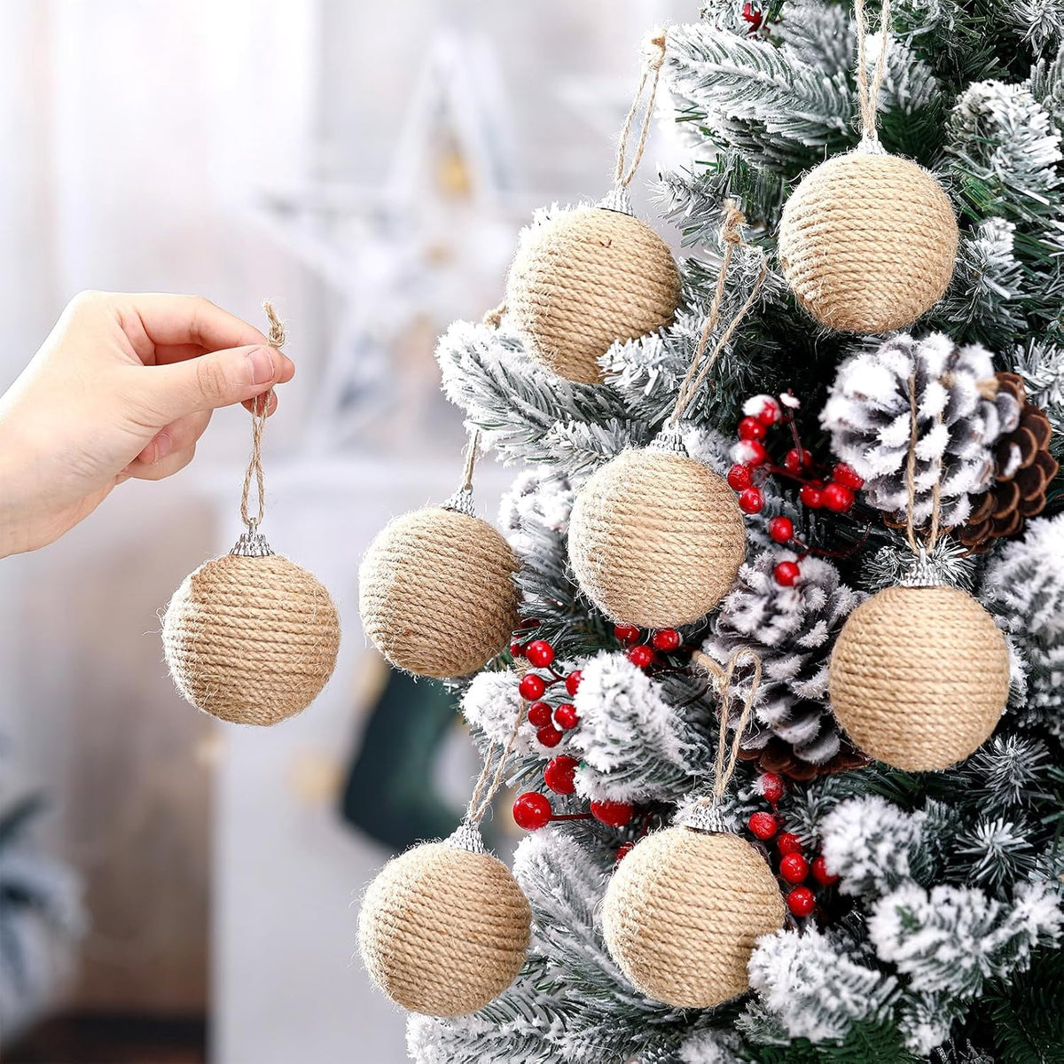 9Pcs 9 Pcs 2.36 Inch Christmas Ball Ornaments Farmhouse Jute Rope Hanging Balls Burlap Neutral Rustic Ornaments for Xmas Tree Holiday Wreath Garland Wedding Home(White,Beige,Dark Brown)