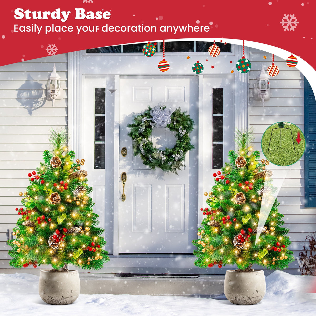 Yexmas 2PCS Small Outdoor Christmas Trees with LED Lights,30" Artificial Xmas Decora for Porch,Yard,Pathway,Garden,PVC