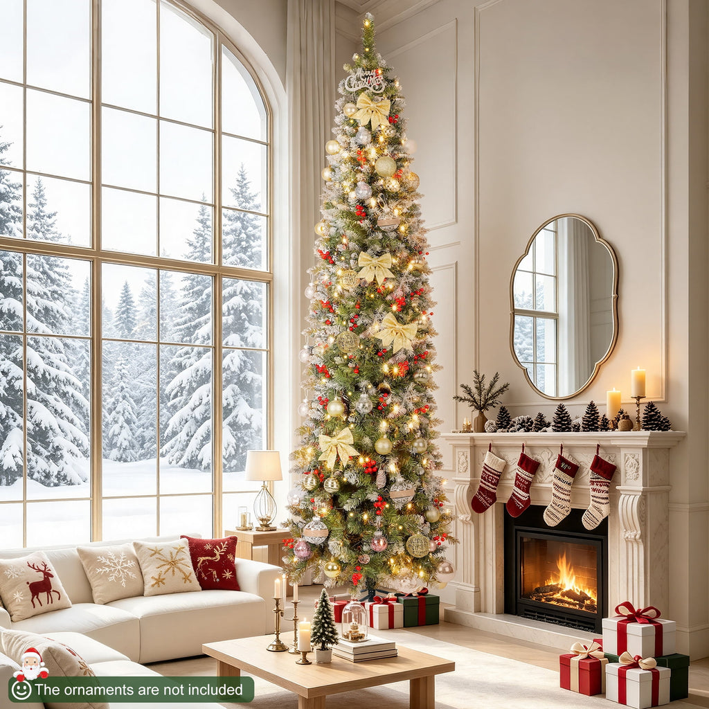 Aufeile 6ft Pencil Christmas Tree, Slim Pre-Lit Xmas Tree, 200 LED Lights, 600 Hinged Tips, Pine Cones, Berries, Metal Stand