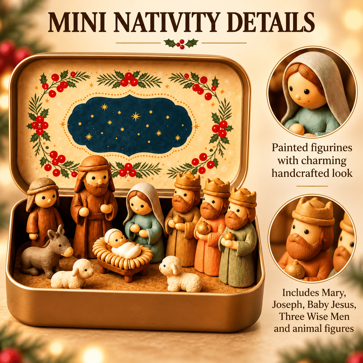 Christmas Nativity Scene in a Tin Mini Manger Scene Portable Tin Box Tabletop Decor for Mantel Shelf Fireplace Desk Holiday Decoration