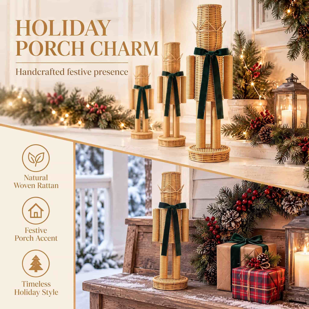 HomeKingdee Rattan Nutcracker With Velvet Bow Christmas Nutcracker Soldier Decor For Entryway Mantel Shelf 15.74 Inch Resin Brown