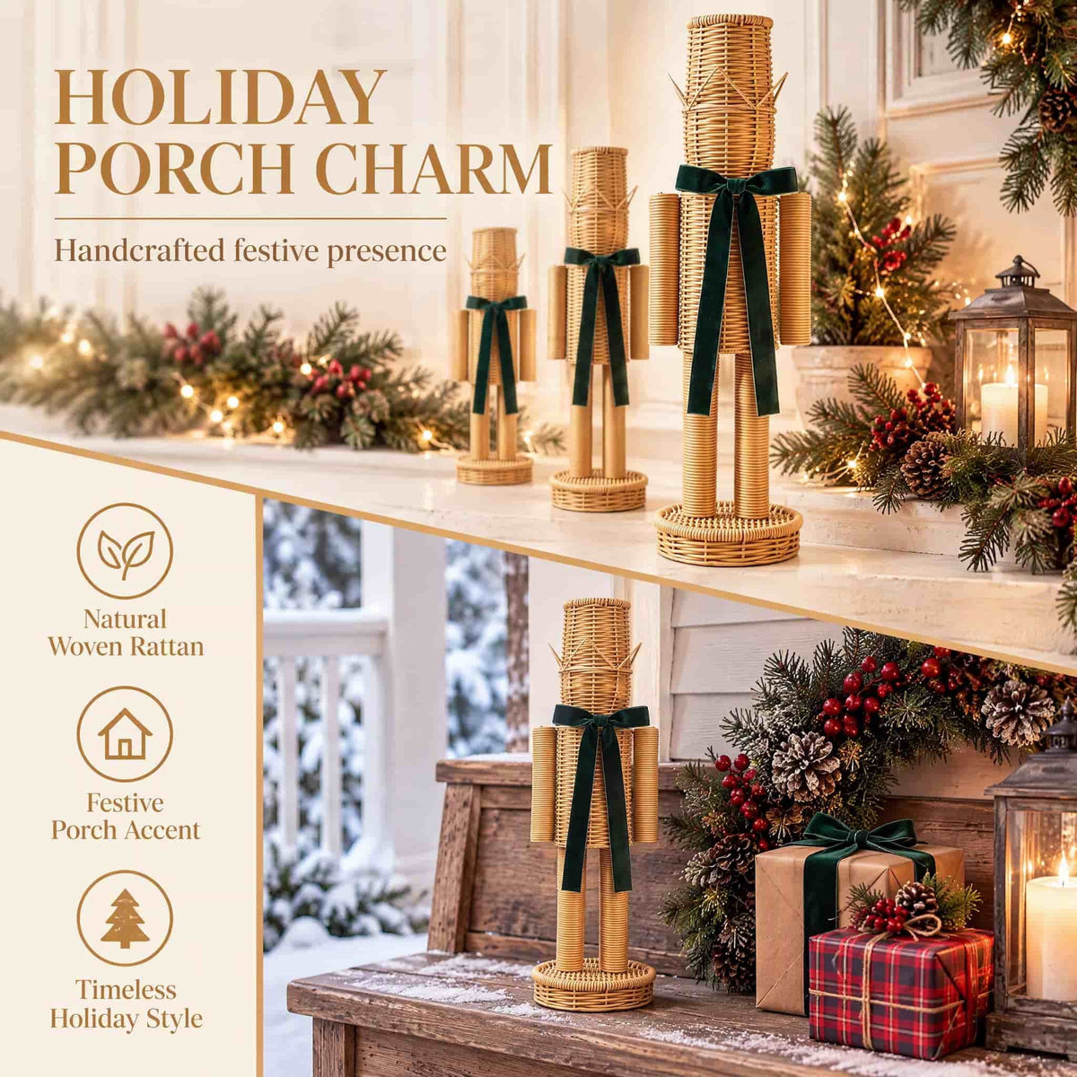 HomeKingdee Rattan Nutcracker With Velvet Bow Christmas Nutcracker Soldier Decor For Entryway Mantel Shelf 15.74 Inch Resin Brown