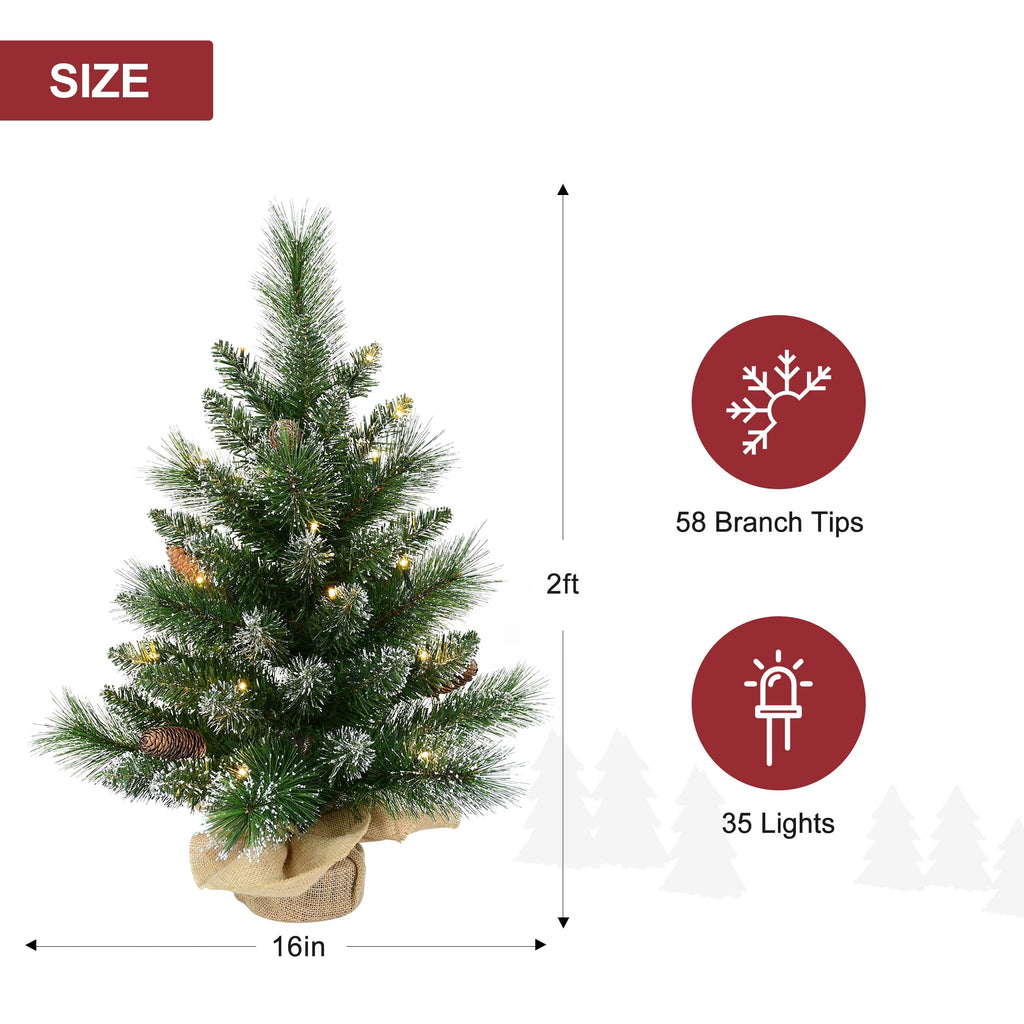 Bringstar 2FT Pre-Lit Artificial Mini Christmas Tree, Snow Tipped Tabletop Xmas Tree with 35 LED Lights, Pine Cones & Burlap Base