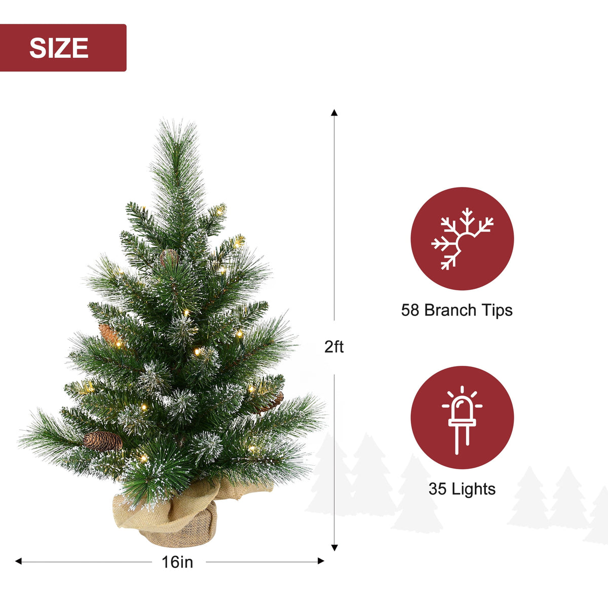 Bringstar 2FT Pre-Lit Artificial Mini Christmas Tree, Snow Tipped Tabletop Xmas Tree with 35 LED Lights, Pine Cones & Burlap Base