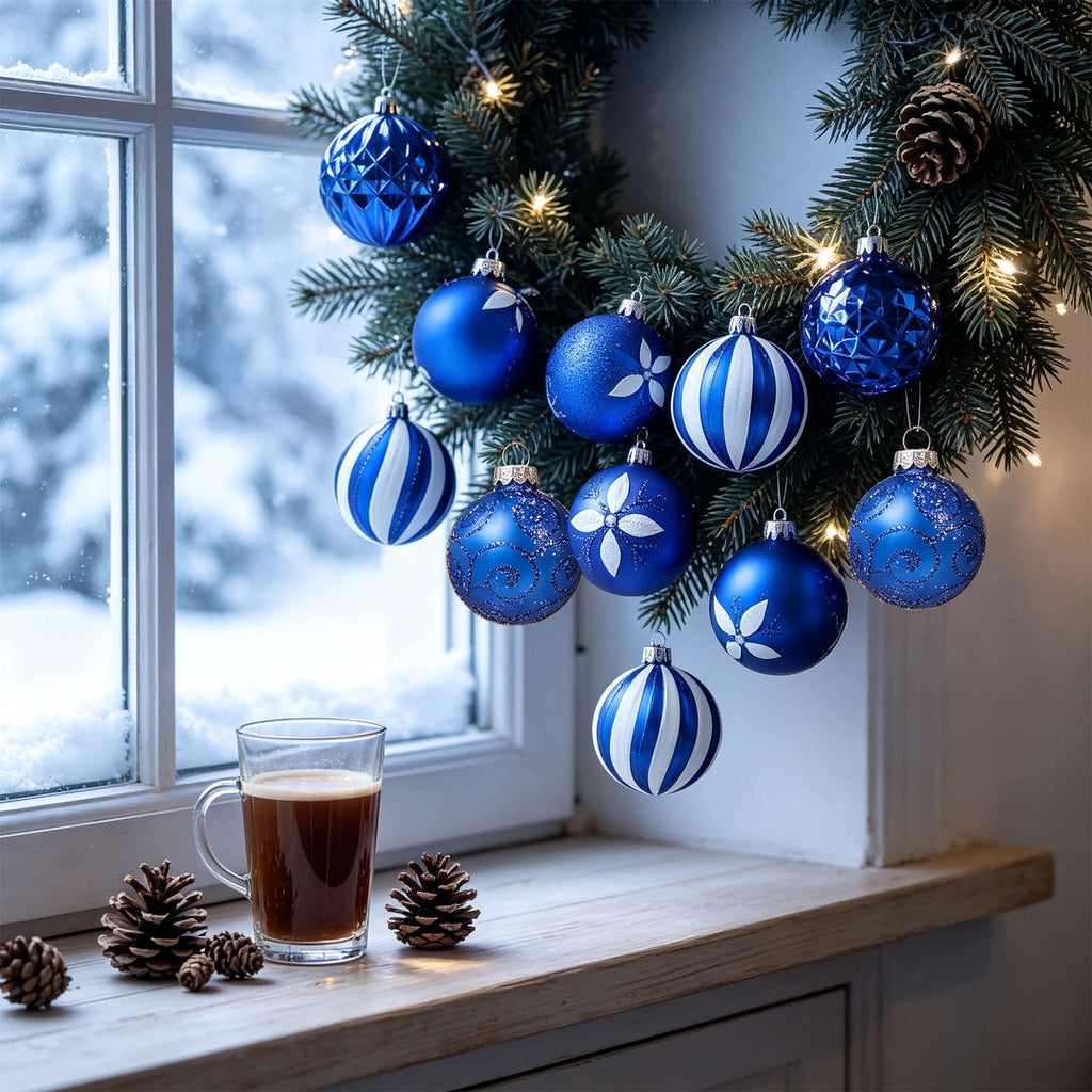 Gaecuw 16 Pack Blue Painted Odd Shaped Christmas Baubles, Luxury Style Ornaments Set for Xmas Tree Wreath Mantel REFINEMENT Decor