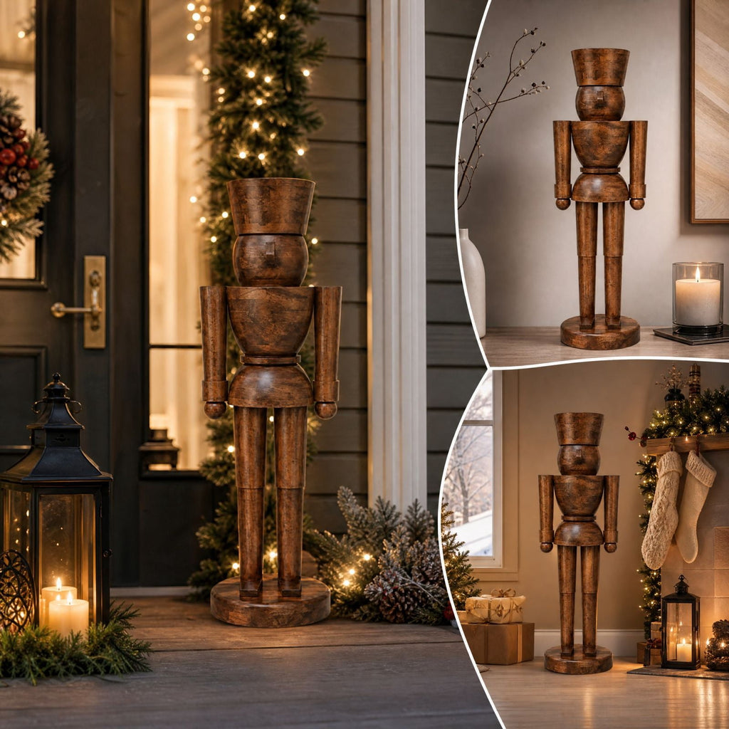 Wood Nutcracker Christmas Decoration, Brown, 36 Inch Drummer Nutcracker Figurine, Large Rustic Floor Standing Christmas Decor for Farmhouse Entryway Mantel Home