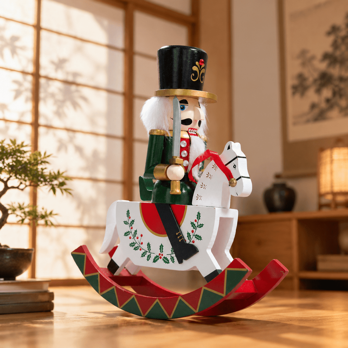 Gingerbread Wooden Nutcracker Rocking Horse Soldier Figurine Indoor Christmas Decor