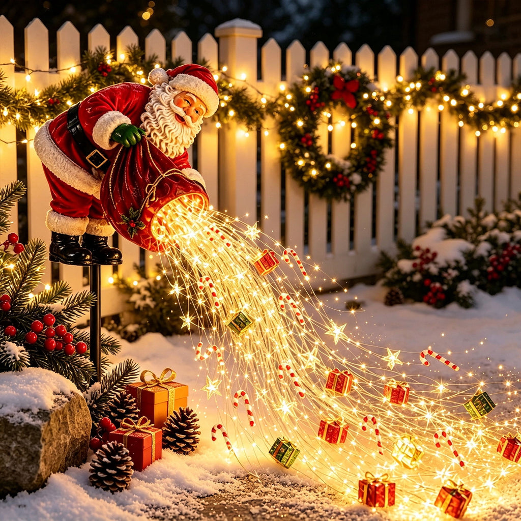 Luckky Santa’s Flying Sleigh Gift Cascade Solar Christmas Garden Light,Warm Golden Cascading LED Lights with Falling Gifts & Star,Solar Powered Outdoor Holiday Decor for Lawn,Pathway & Yard