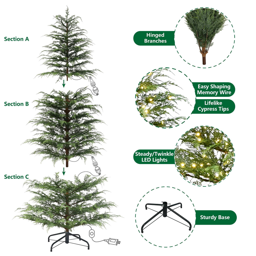 My Texas House 7.5' Pre-Lit Cypress Green Artificial Christmas Tree with 500 Warm White Twinkle LED Lights and Stand