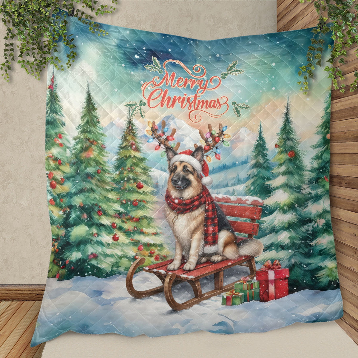 Merry Christmas Santa Reindeer Antlers French Bulldog Sleigh Xmas Winter Holiday Quilt Bedding Set Dog Lover Gifts 1 Blanket Bed Cover 2 Pillowcases - 00023