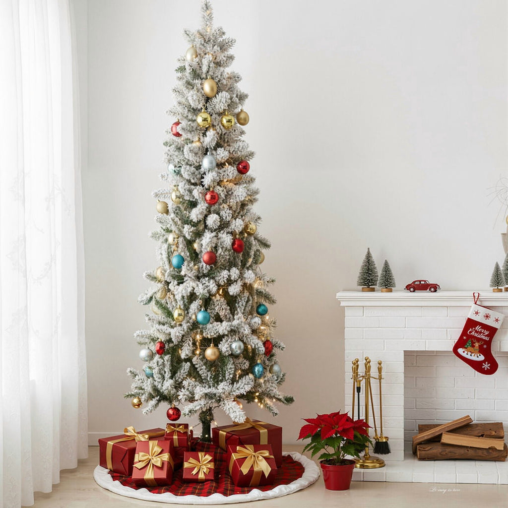 Gianna 4.5ft Pre-lit Pencil Christmas Tree, Green Artificial Spruce Slim Christmas Trees with 120 Incandescent Lights, 268 Branch Tips & Foldable Base for Home, Office, Party Decoration