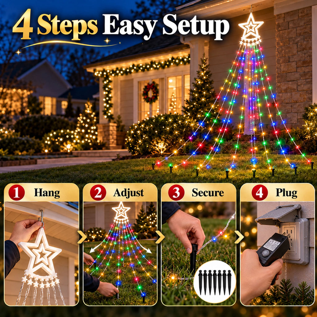 Qunler Outdoor Christmas Decoration Lights, 8 Modes & 350 LED Christmas Waterfall Fairy Tree String Lights Indoor Outdoor Holiday Lighting Decorations, Multicolor, Plug-in