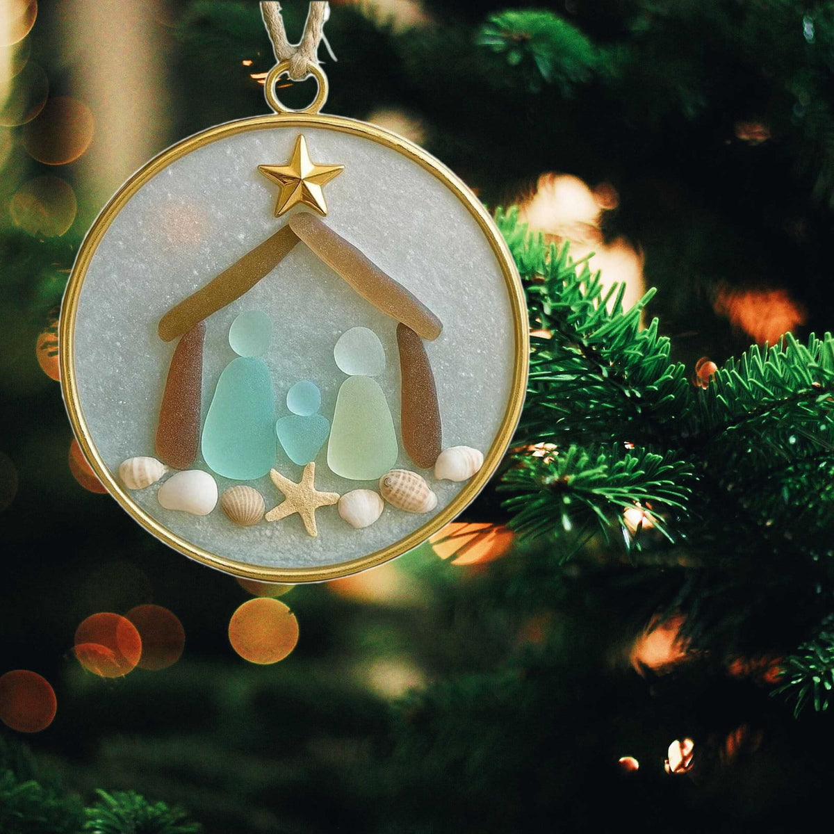 DAMAI Sea Glass Nativity Christmas Ornament,Hanging Sea Glass Nativity Christmas Tree Decoration,Coastal Inspired Sea Glass Nativity Ornament,Handmade Nativity Scene, with Shells and Starfish
