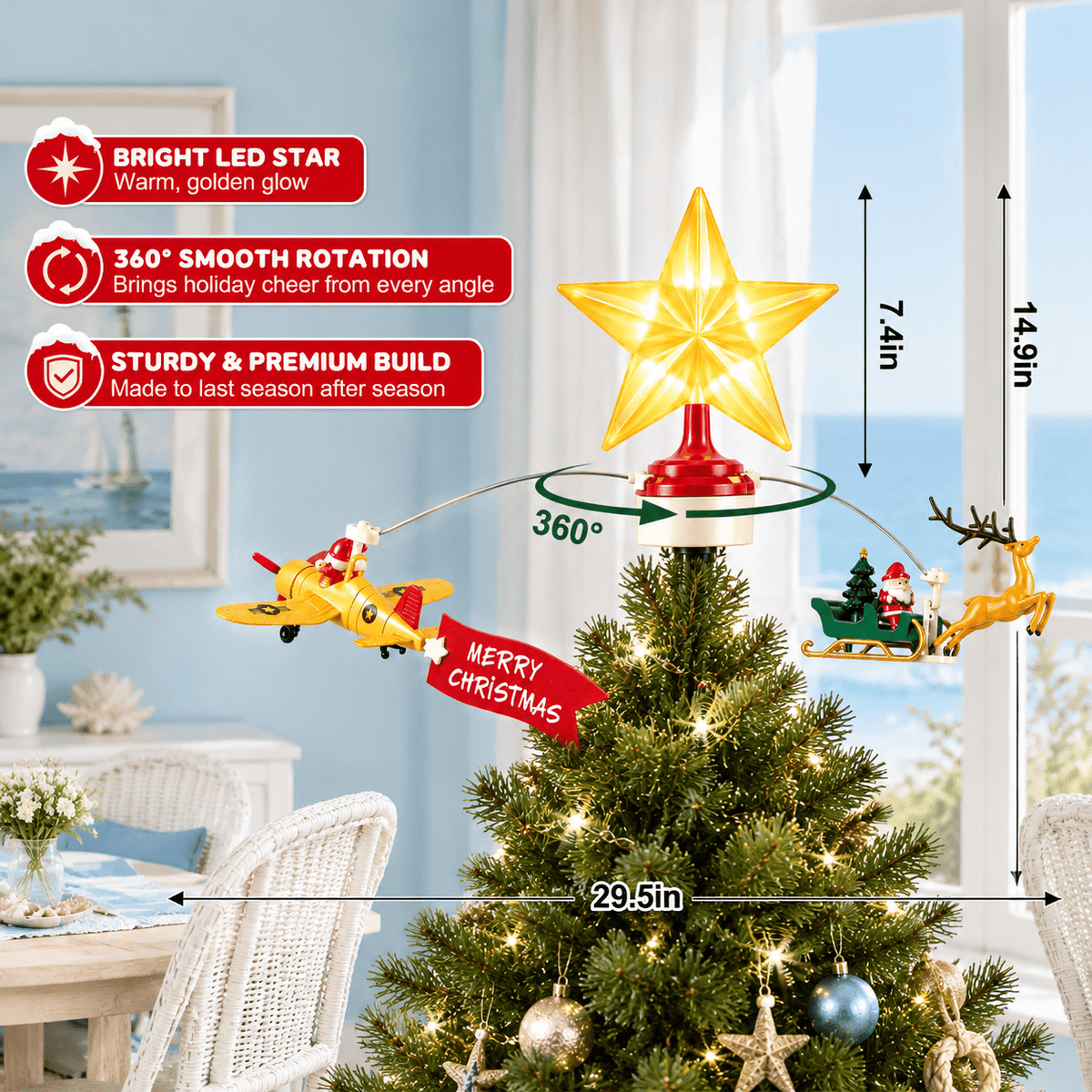 Animated Christmas Tree Topper with Lighted Star, Rotating Santa Sleigh, Airplane, Music, and Screw-Clamp Mount