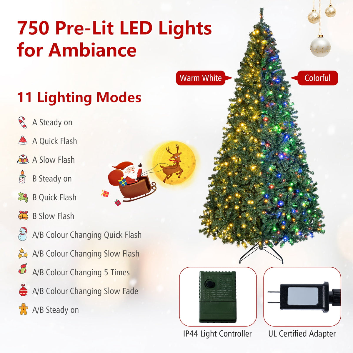Costway 8Ft Pre-Lit Artificial Christmas Tree Hinged 750 LED Lights