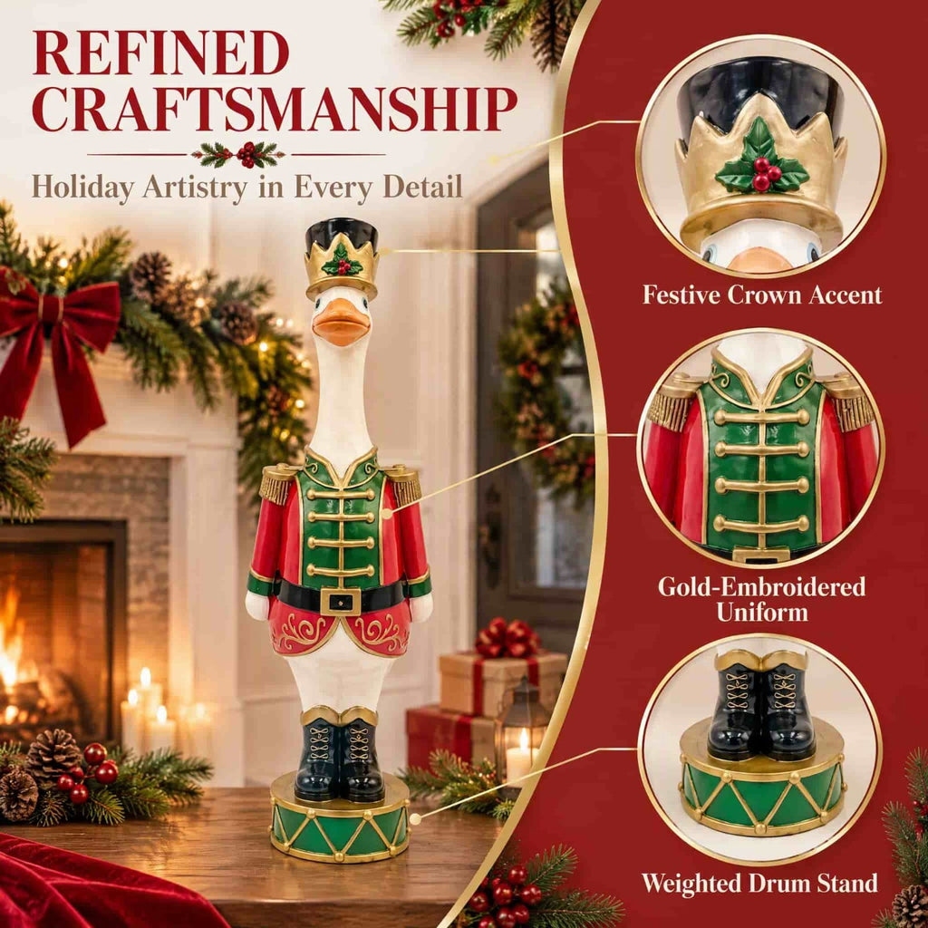 Christmas Faux Nutcracker Goose Resin Statue, Festive Soldier Figurine with Drum Base for Mantel, Porch, Christmas Decor