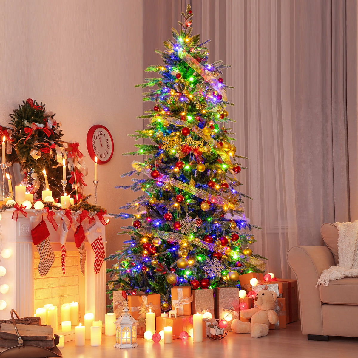 Topbuy 9 FT Pre-lit Artificial Christmas Tree Hinged Xmas Tree with 1770 Branch Tips 560 Multicolored & Warm White LED Lights