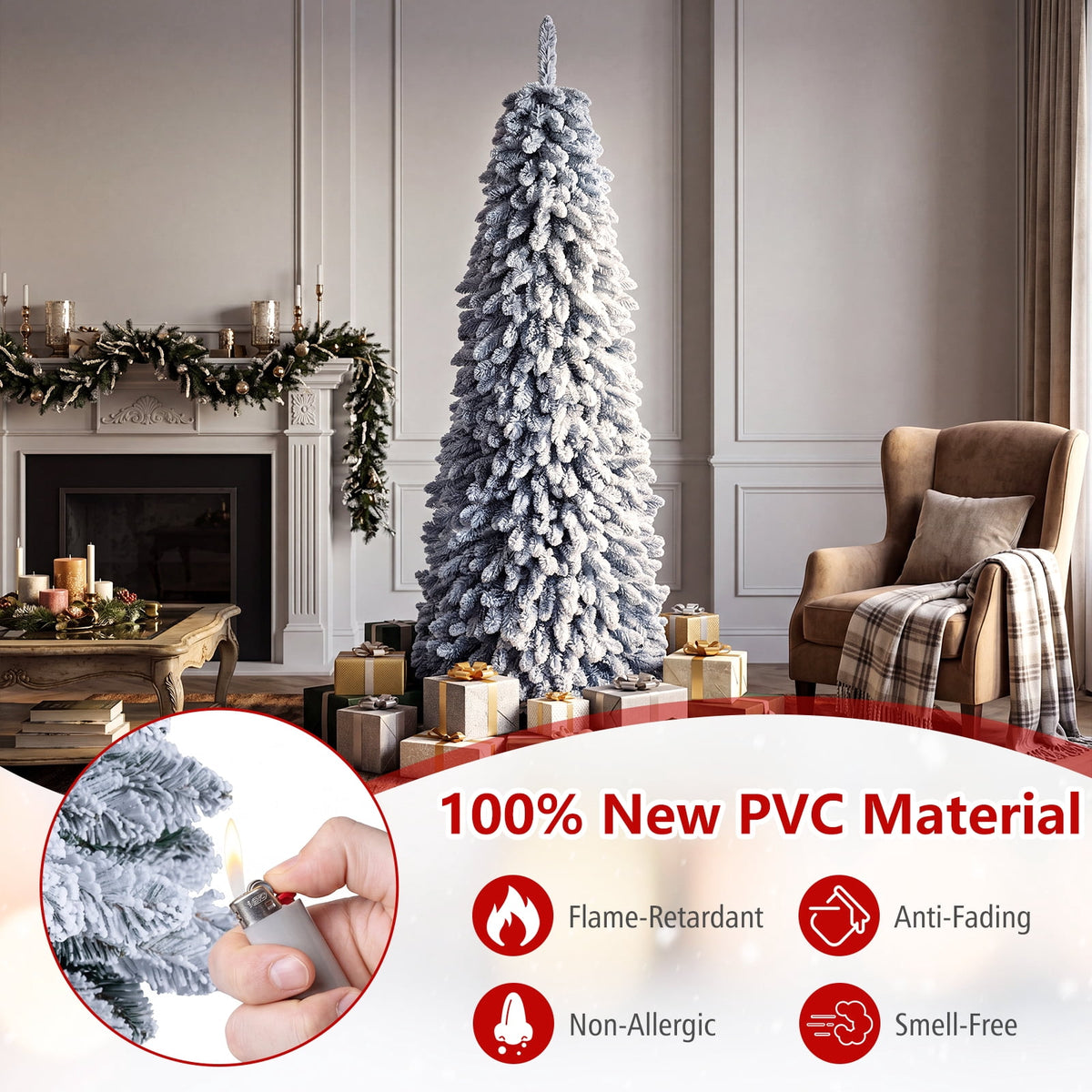 Costway 5 FT Pre-Lit Slim Christmas Tree Flocked Xmas Decoration 11 Modes 150 LED Lights